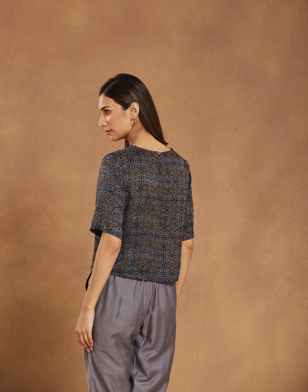 Navy Rayon Blend Ajrakh Printed Short Top