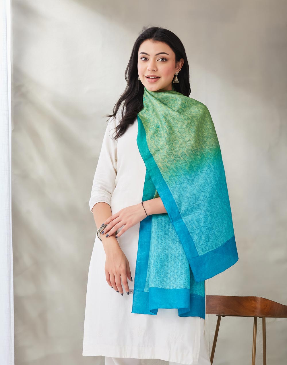 Green Silk Hand Block Printed Stole