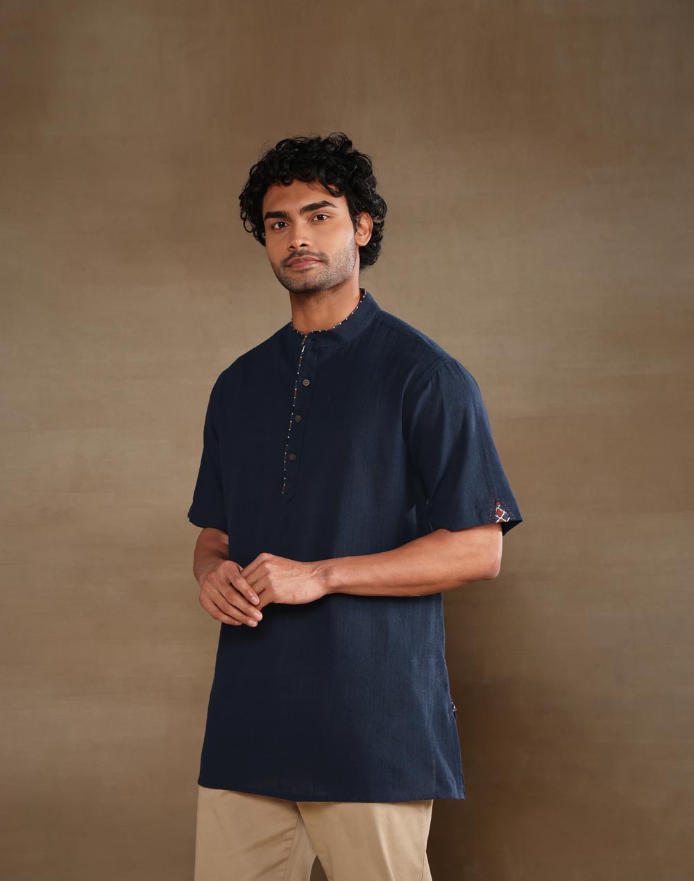 Navy Cotton Dobby Short Kurta
