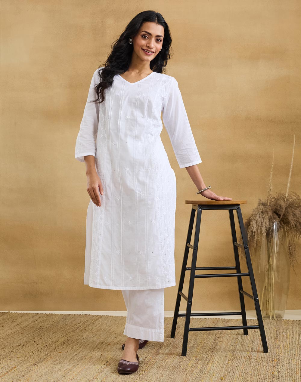 White Cotton Chikankari Long Kurta