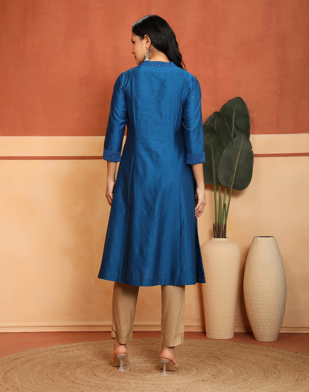 Texture and finish of the Royal Blue Embroidered Long Kurta by Fabindia UK