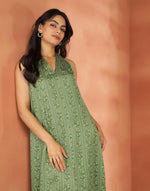 Green Rayon Blend Hand Block Printed Marilyn Halter Midi Dress