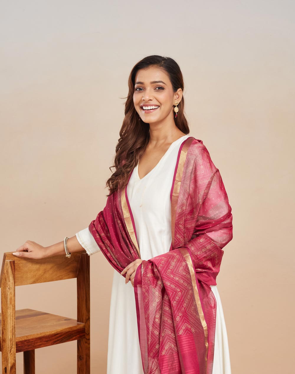 Pink Cotton Silk Blend Hand Block Printed Dupatta