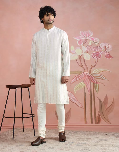 Natural Viscose Silk Dobby Long Kurta for Men from Fabindia UK