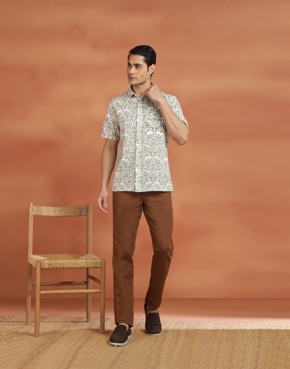 White Cotton Hand Block Printed Bush Shirt
