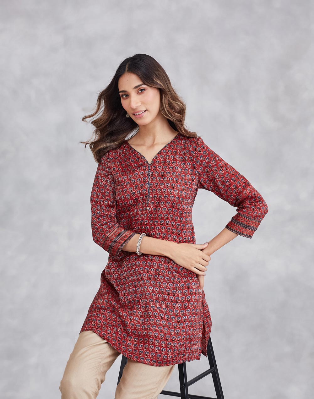 Maroon Viscose Blend Ajrakh Printed Slim Fit Short Kurta
