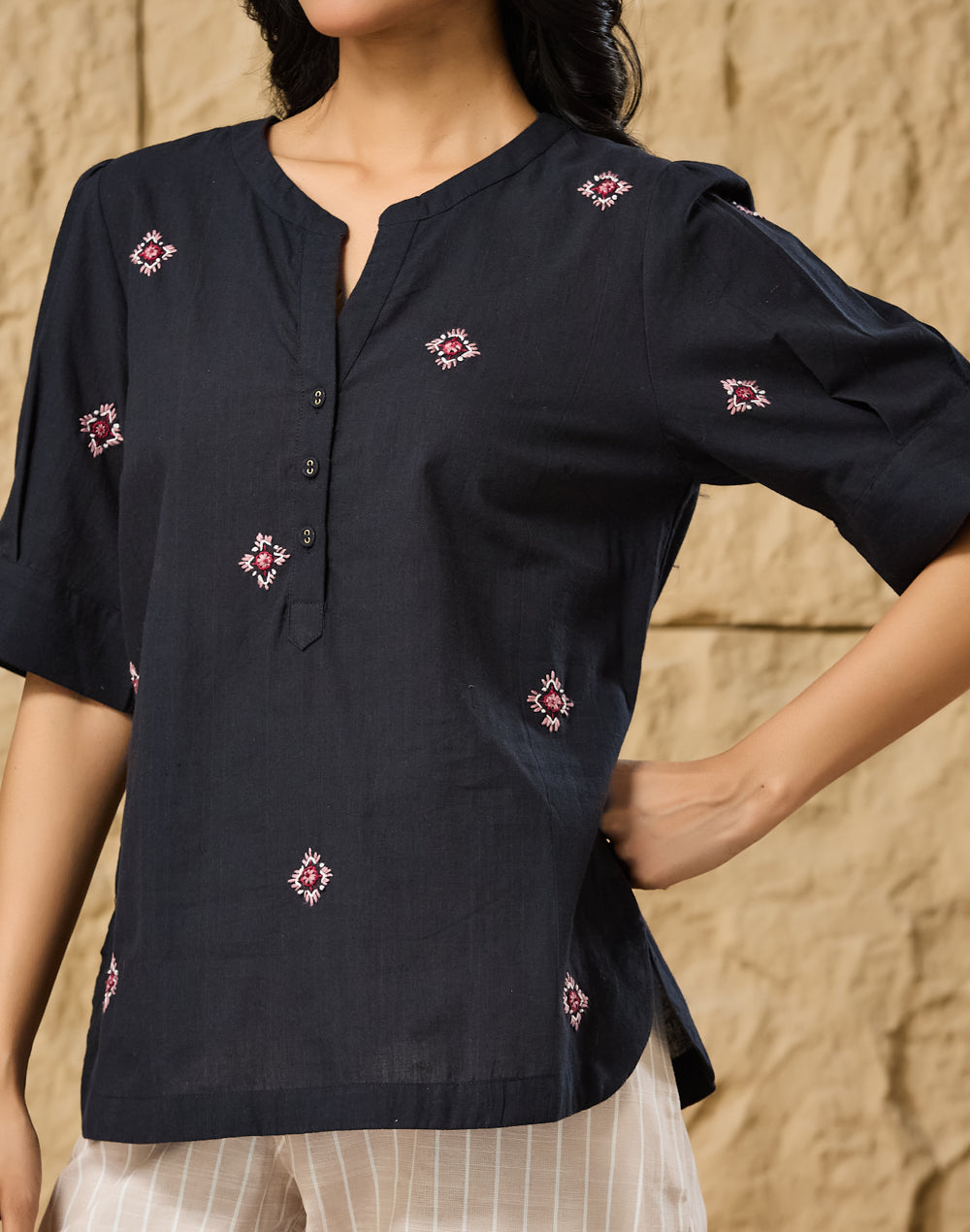 Black Cotton Embroidered Top