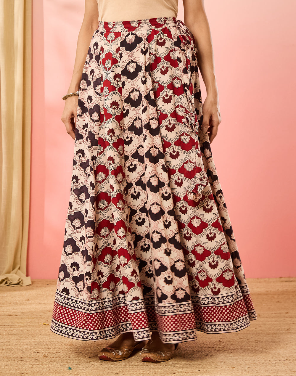 Maroon Cotton Bagh Print Ghera Skirt for Women from Fabindia UK