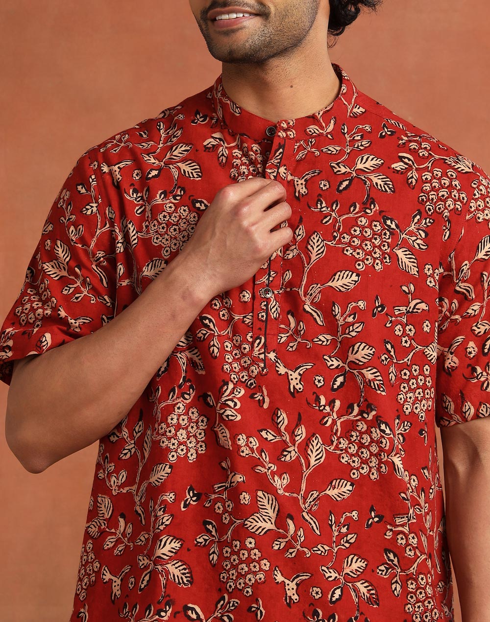 Maroon Cotton Dabu Printed Kurta Short