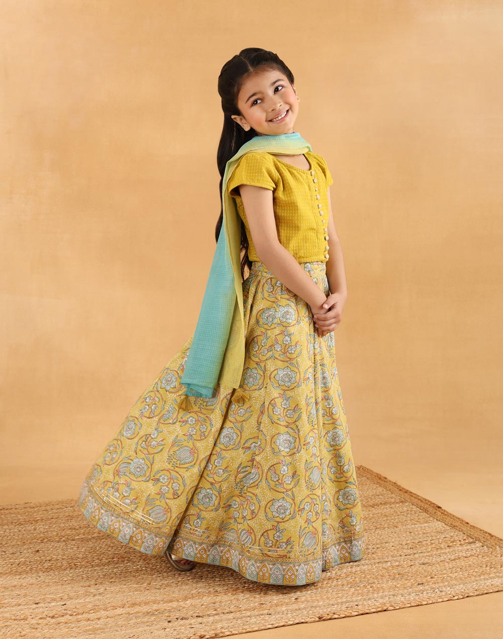 Yellow Cotton Hand Block Printed 3pc Lehenga Set