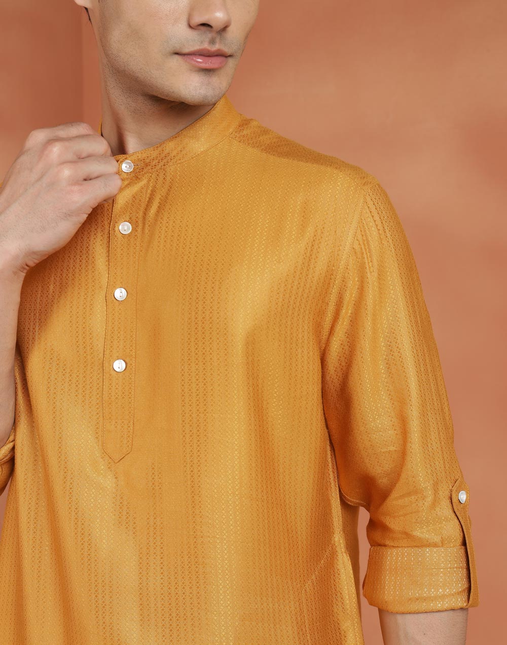 Yellow Viscose Silk Dobby Slim Fit Short Kurta