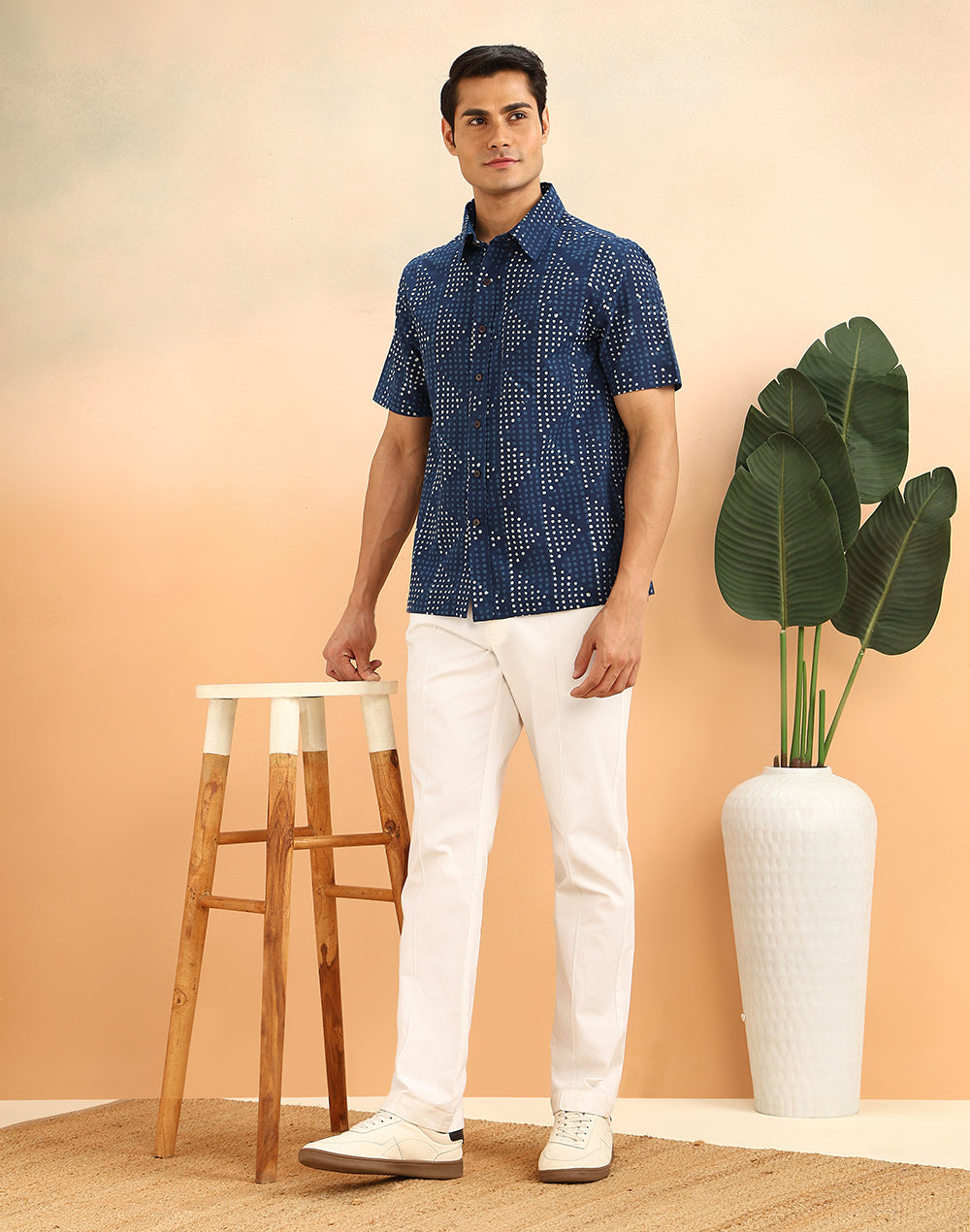 Indigo Cotton Dabu Printed Bush Shirt