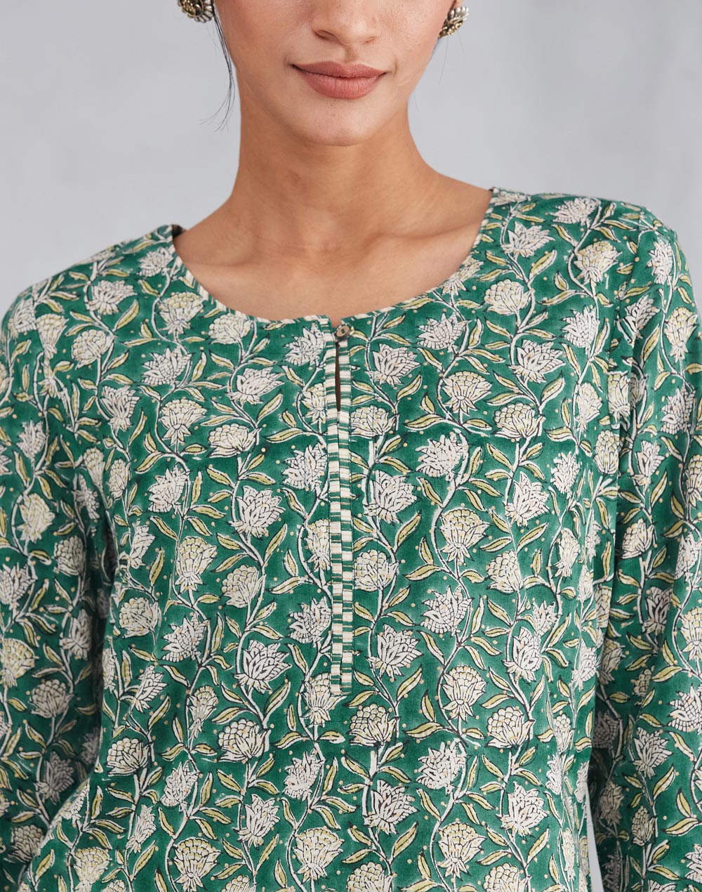 Teal Cotton Hand Block Printed Slim Fit Short Kurta