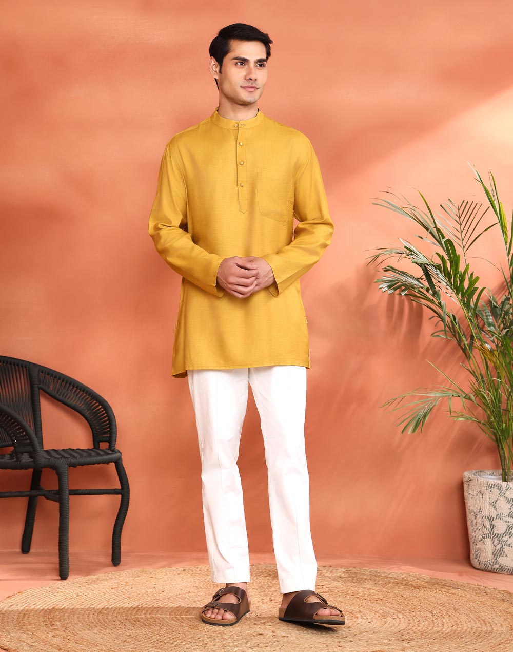Yellow Viscose Silk Short Kurta