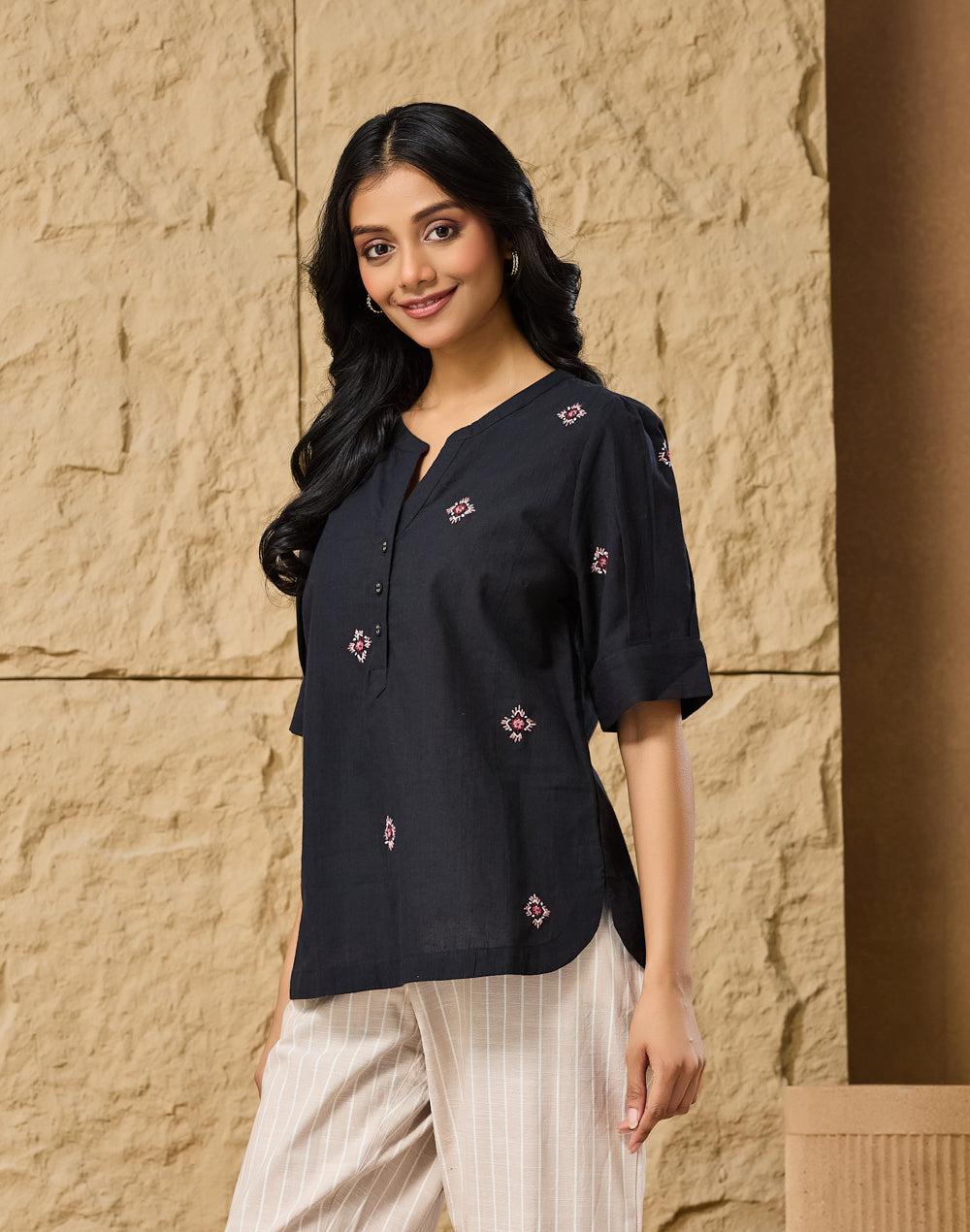 Black Cotton Embroidered Top