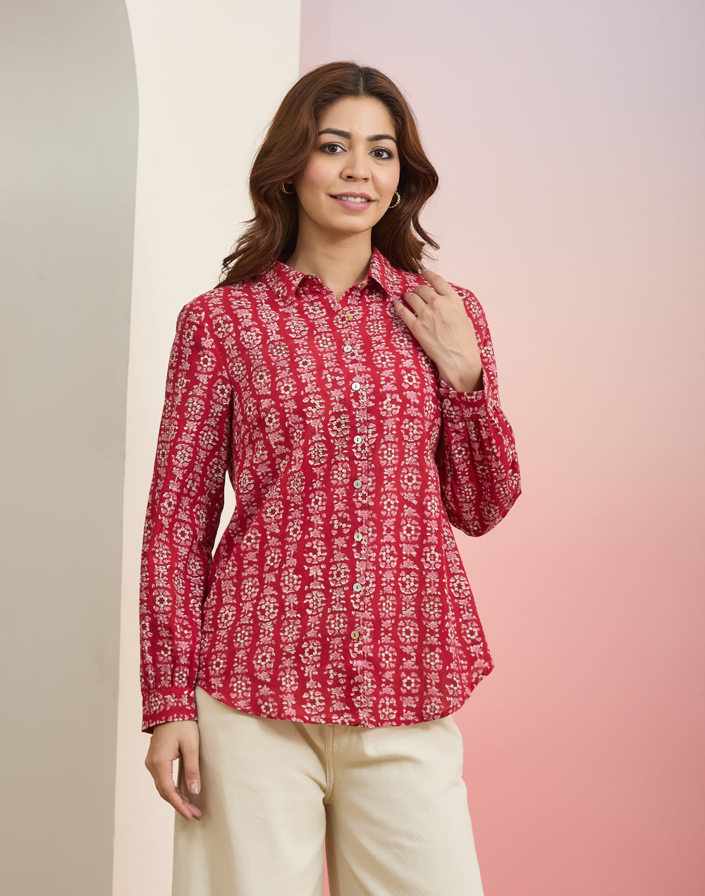 Block print detail on the Red Block Print Geometric Shirt