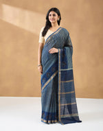 Indigo Cotton Silk Blend Hand Block Print Sari