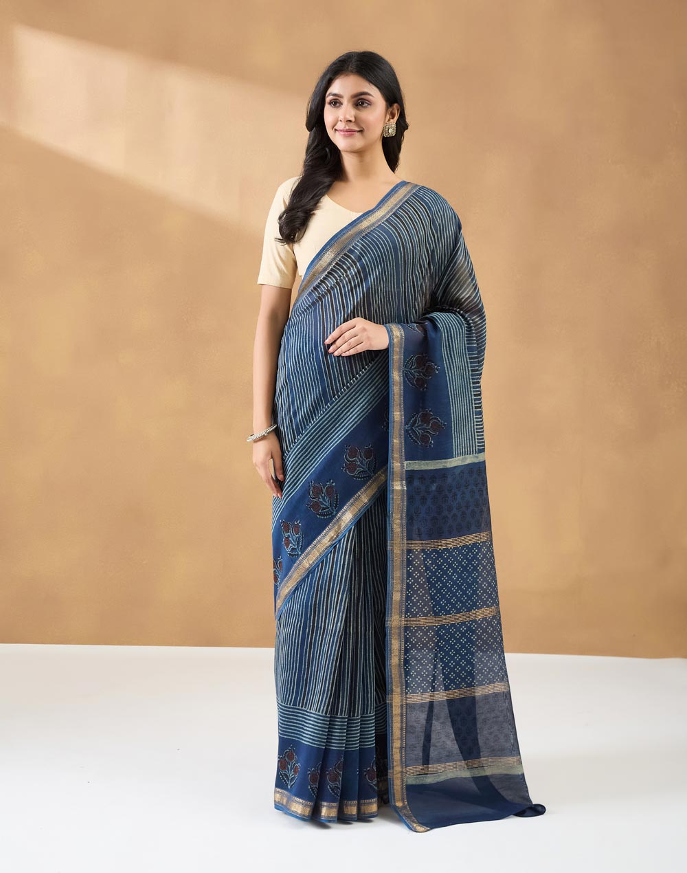 Indigo Cotton Silk Blend Hand Block Print Sari