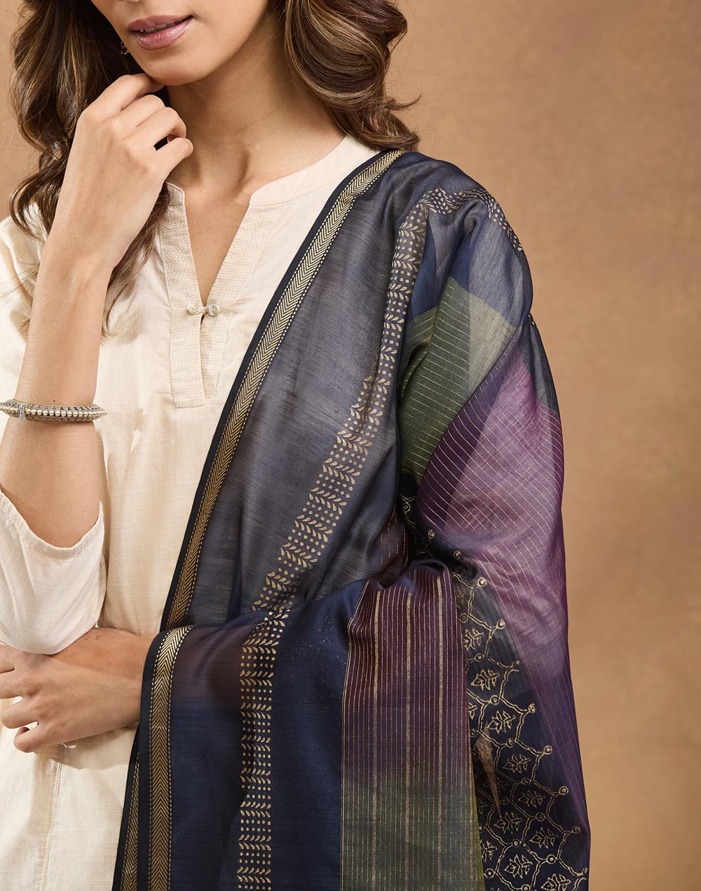 Navy Cotton Silk Blend Hand Block Printed Dupatta