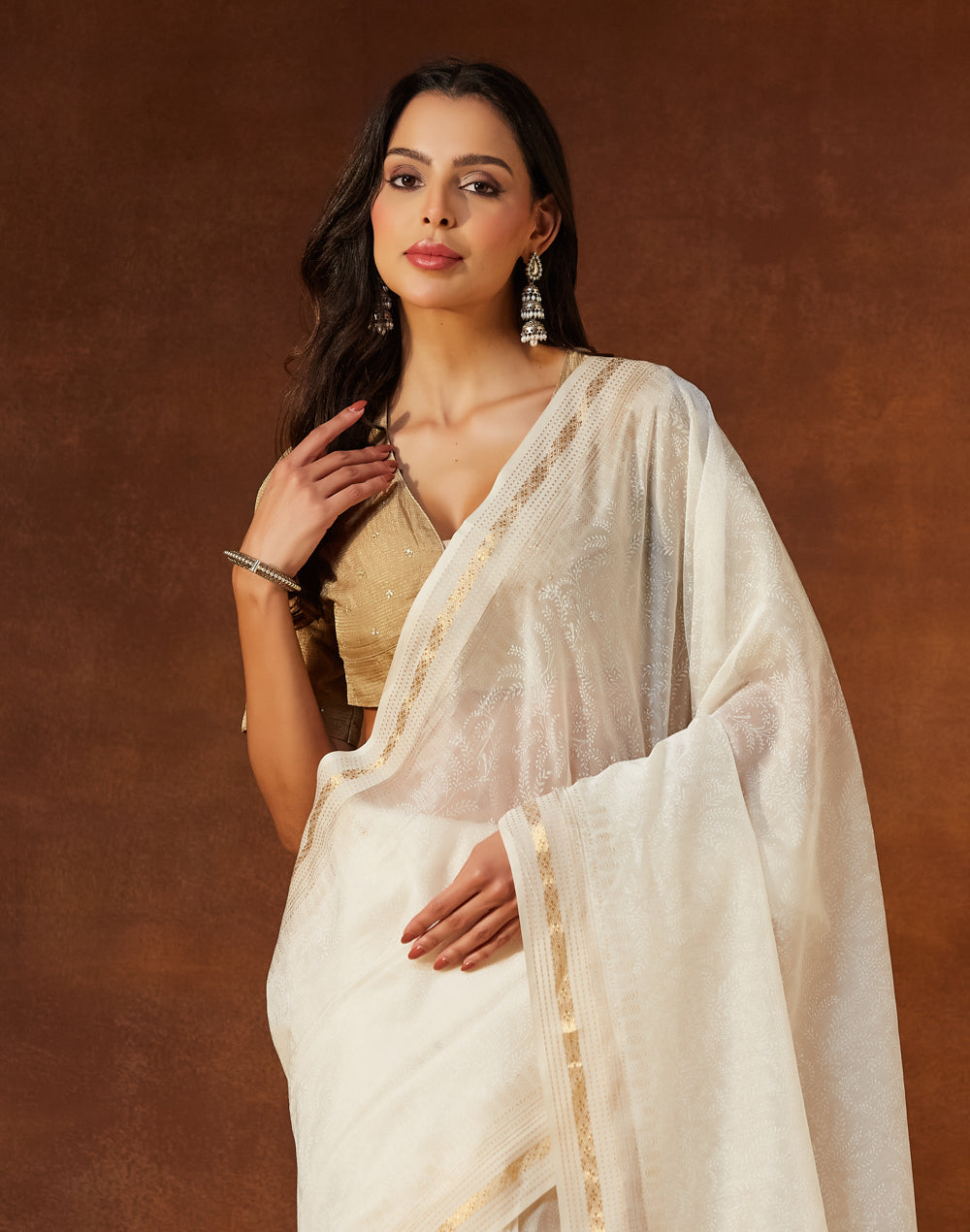 Natural Cotton Silk Blend Hand Block Printed Sari