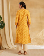 Mustard Cotton Hand Block Print Slim Fit Long Kurta