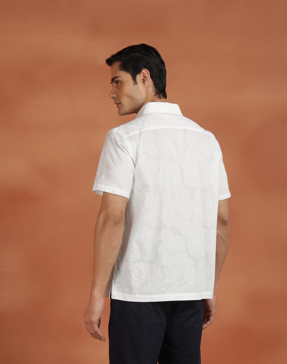 White Cotton Hand Block Printed Bush Shirt