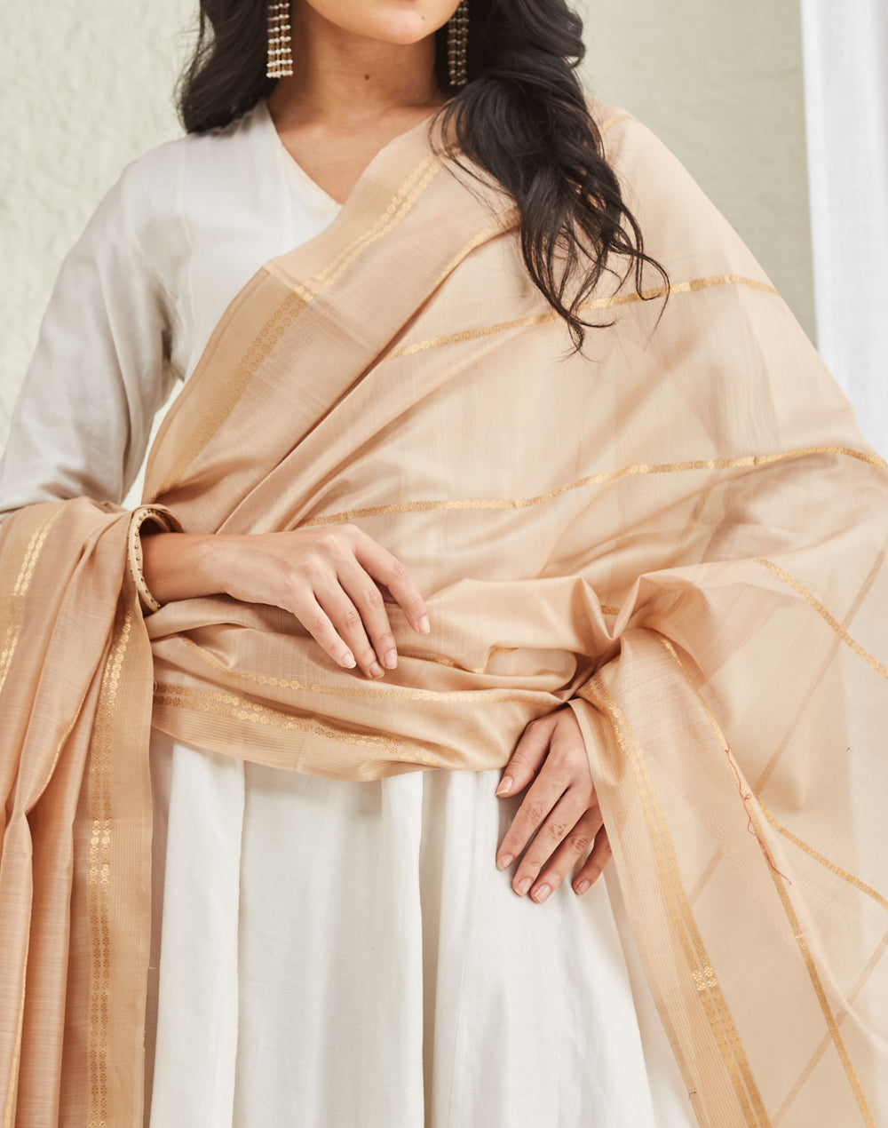 Beige Cotton Silk Blend Maheshwari Dupatta