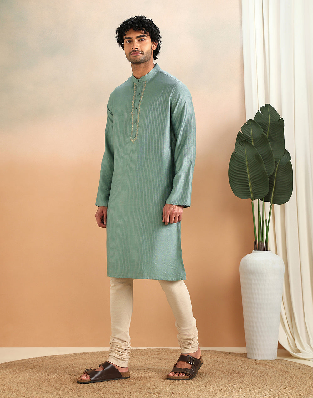 Mint Viscose Blend Dobby Slim Fit Long Kurta