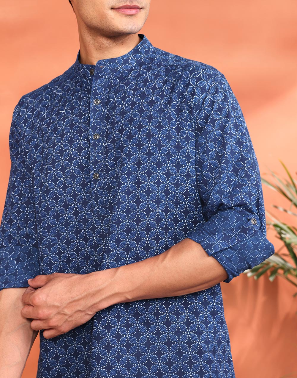 Indigo Cotton Printed Dabu Kurta Short