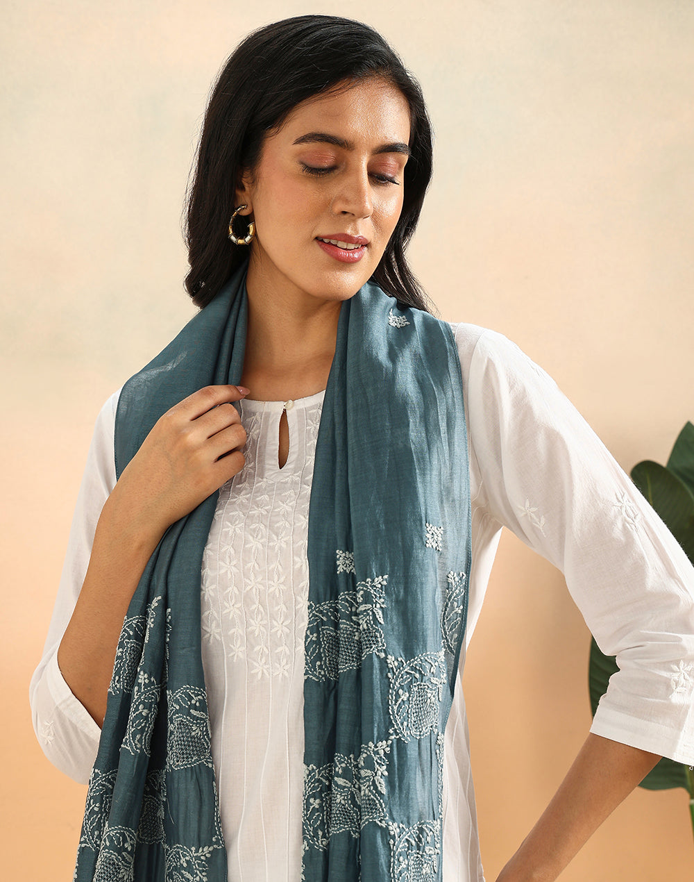 Blue Cotton Silk Chikankari Stole