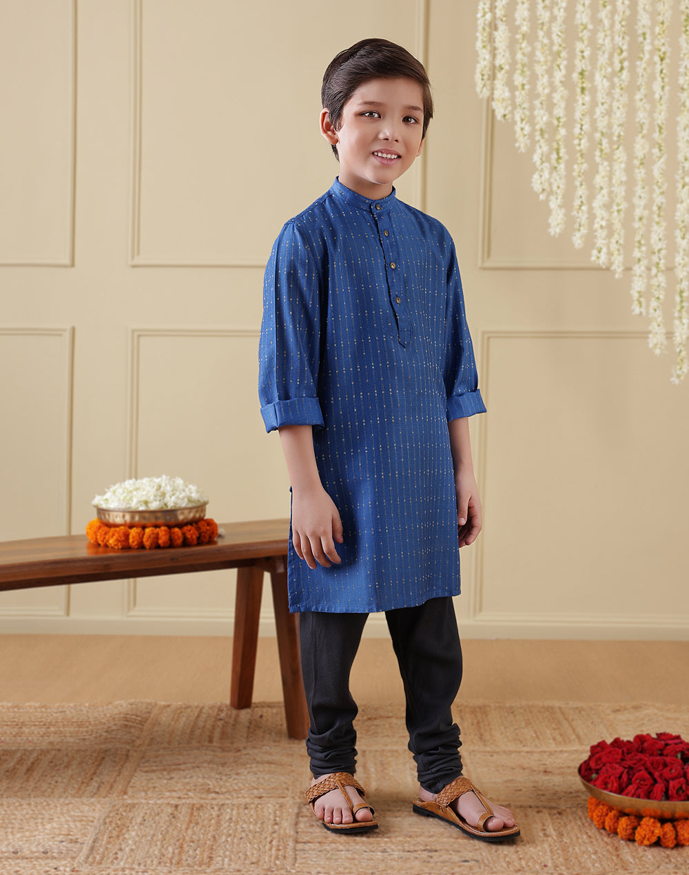 Navy Viscose Blend Dobby Long Kurta