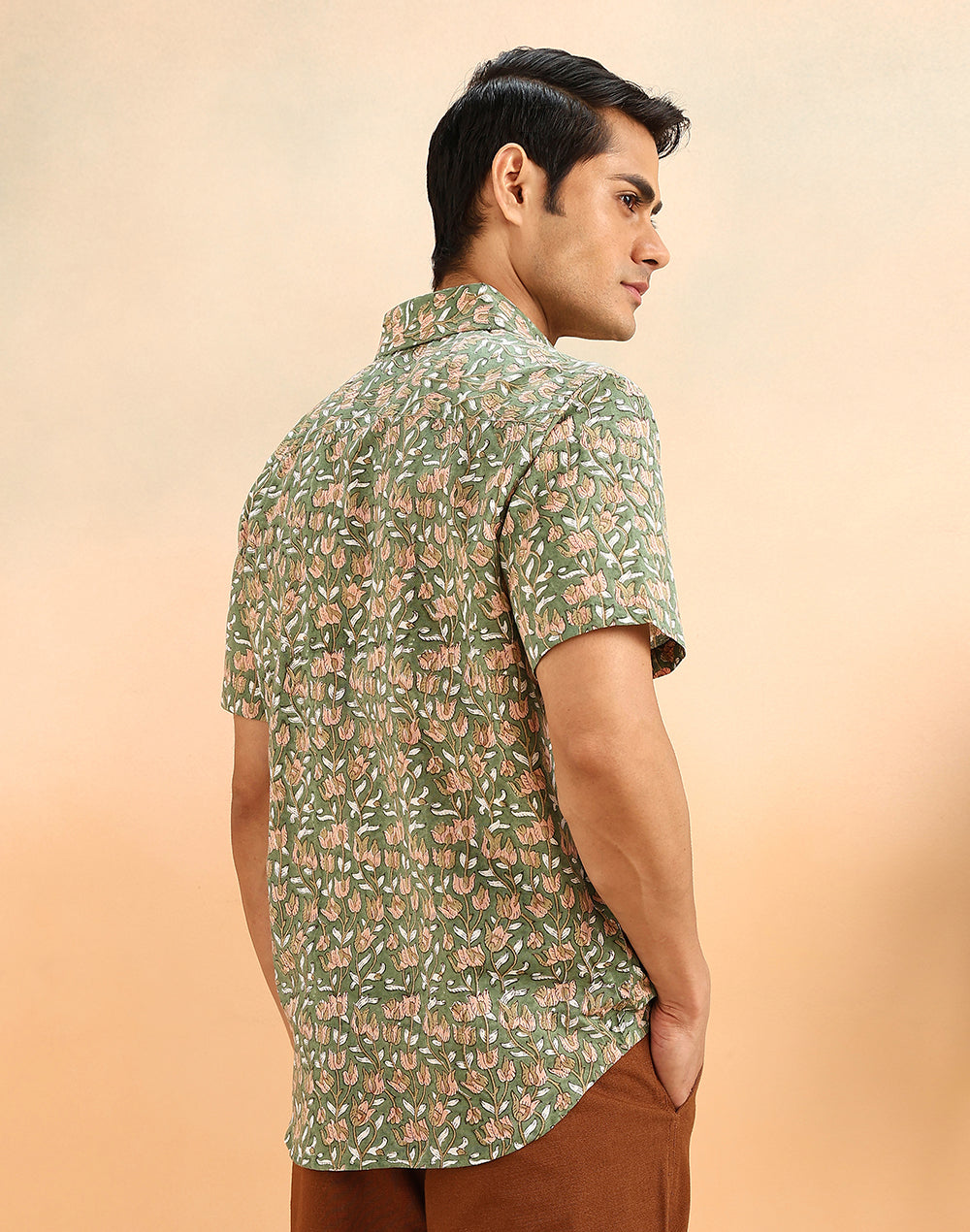 Green Cotton Hand Block Printed Slim Fit Shirt