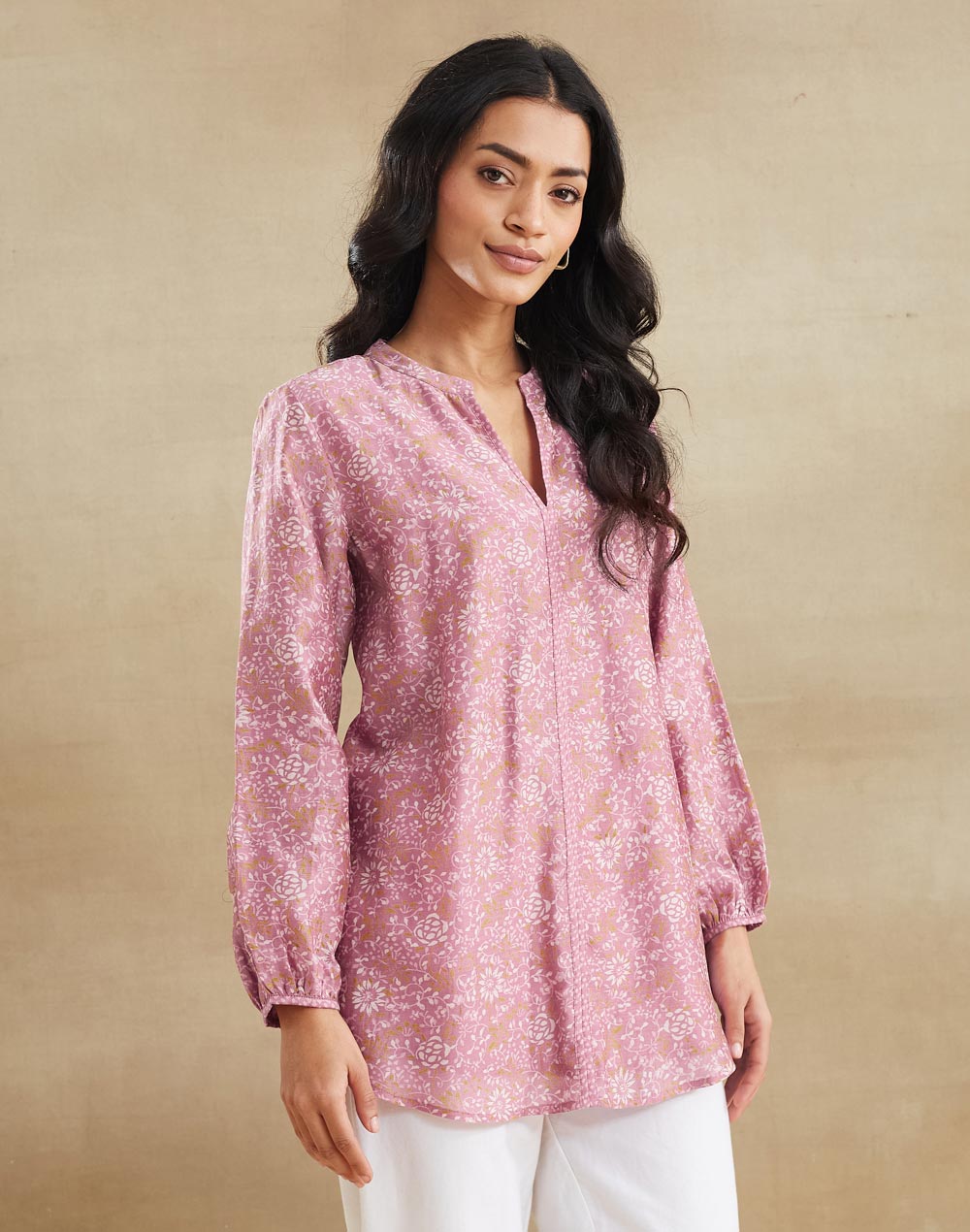 Pink Cotton Silk Hand Block Printed Clara Tunic