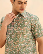 Green Cotton Hand Block Printed Slim Fit Shirt
