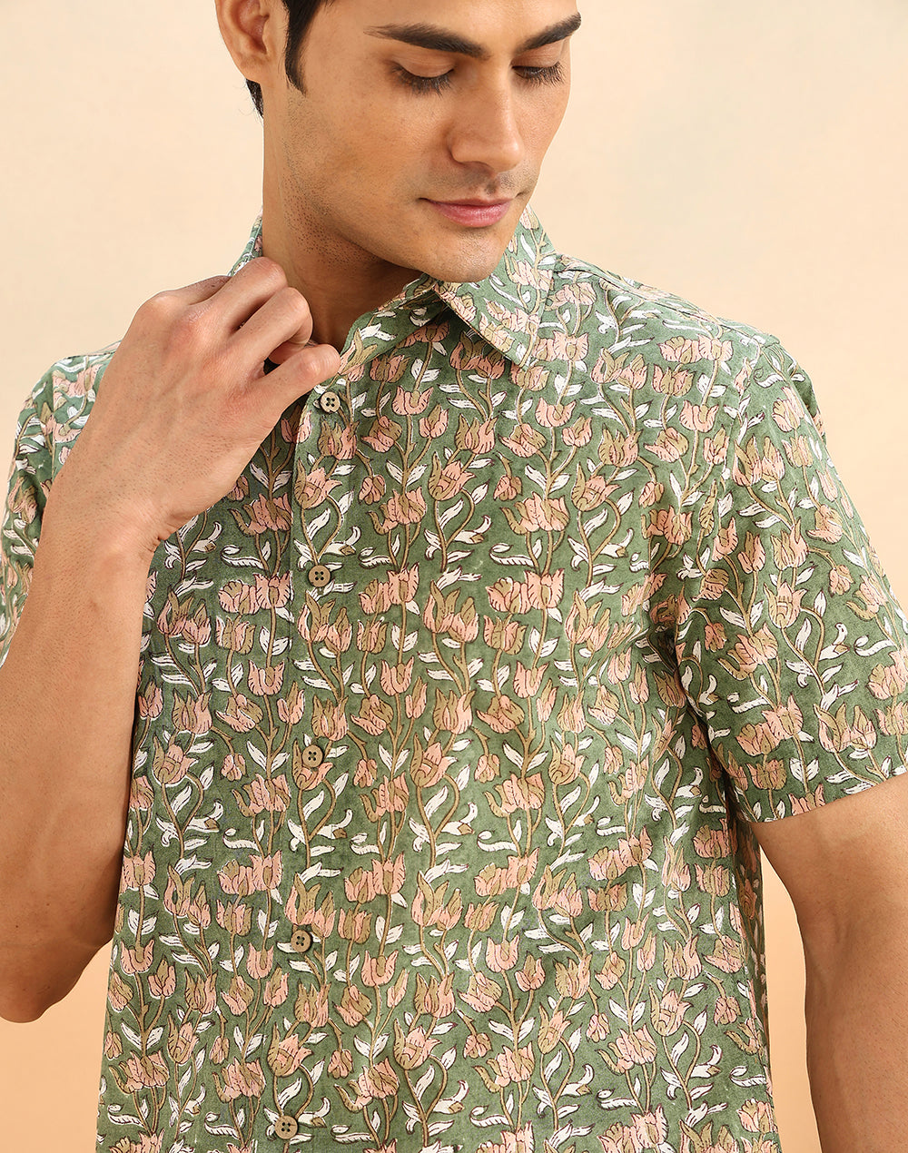 Green Cotton Hand Block Printed Slim Fit Shirt
