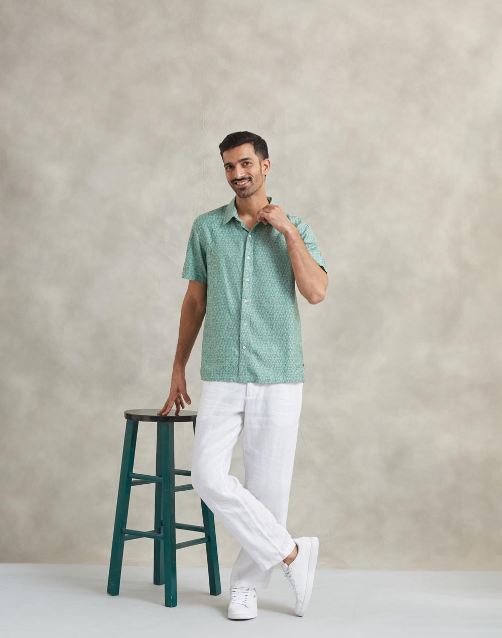 Teal Viscose Silk Hand Block Printed Bush Shirt