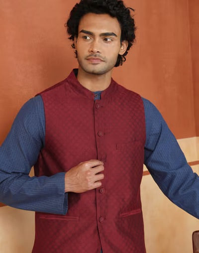 Maroon Viscose Silk Nehru Jacket for Men with a soft viscose silk sheen