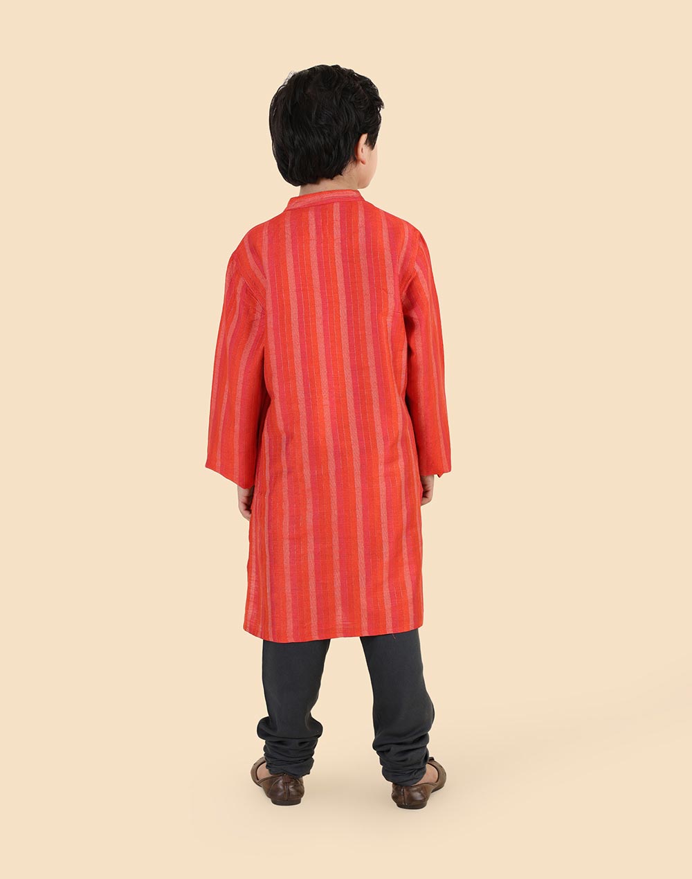 Red Viscose Blend Stripe Long Kurta