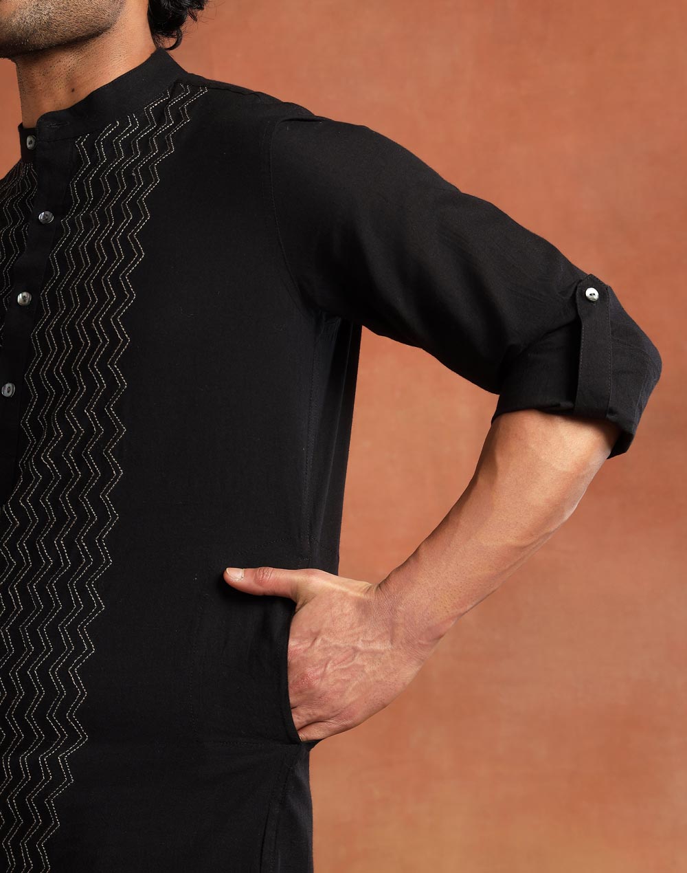 Black Cotton Chikankari Slim Fit Long Kurta