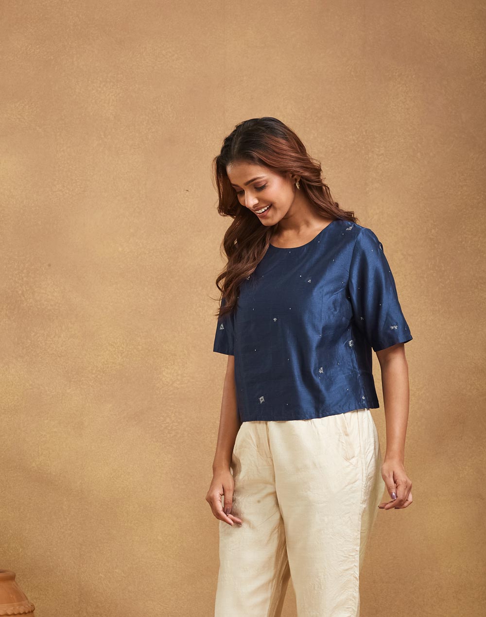 Navy Cotton Silk Short Top