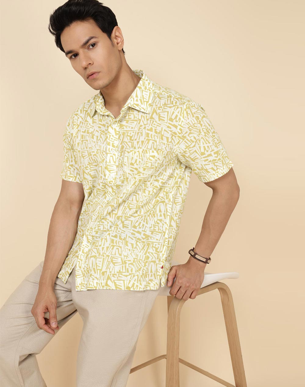 Beige Cotton Hand Block Printed Bush Shirt