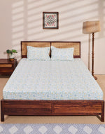 Teal Cotton Printed Bed Sheet With 2 Pillow Covers