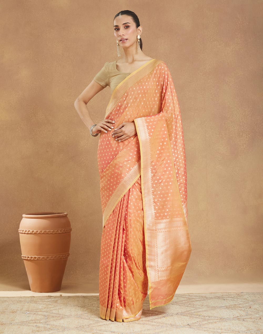 Orange Viscose Blend Banarsi Sari