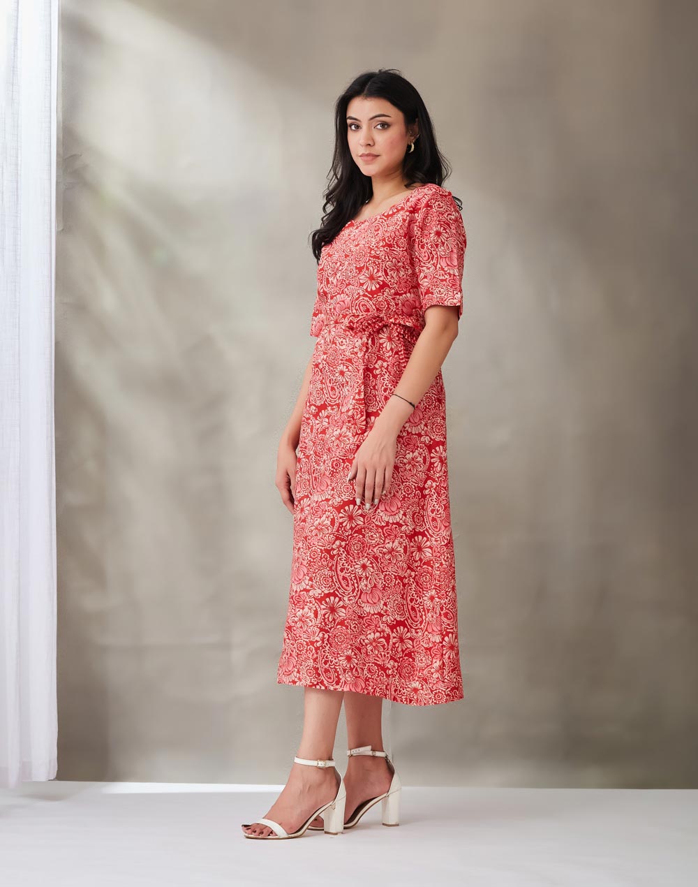 Red Cotton Silk Hand Block Printed Midi Dress