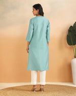 Turquoise Cotton Silk Pintuck Slim Fit Long Kurta