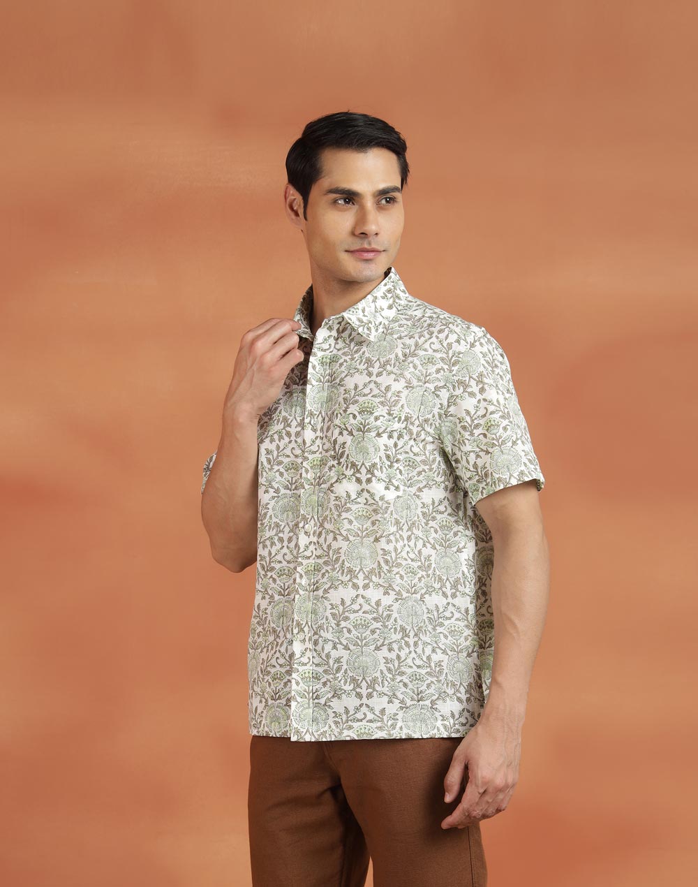 White Cotton Hand Block Printed Bush Shirt