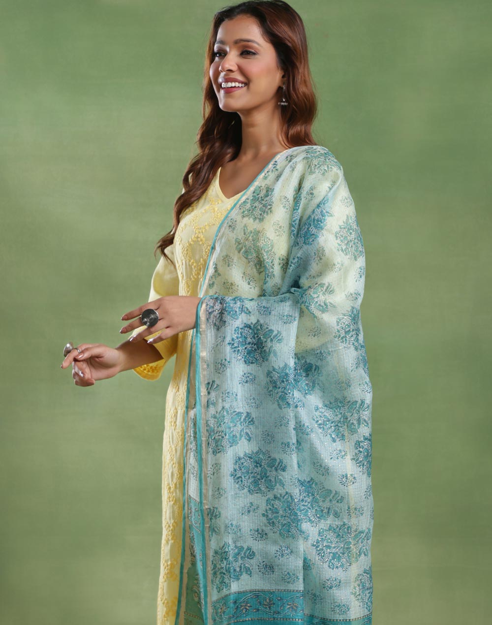 Turquoise Silk Blend Hand Block Printed Dupatta