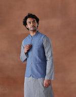 Blue Cotton Dobby Slim Fit Gathit Neel Nehru Jacket