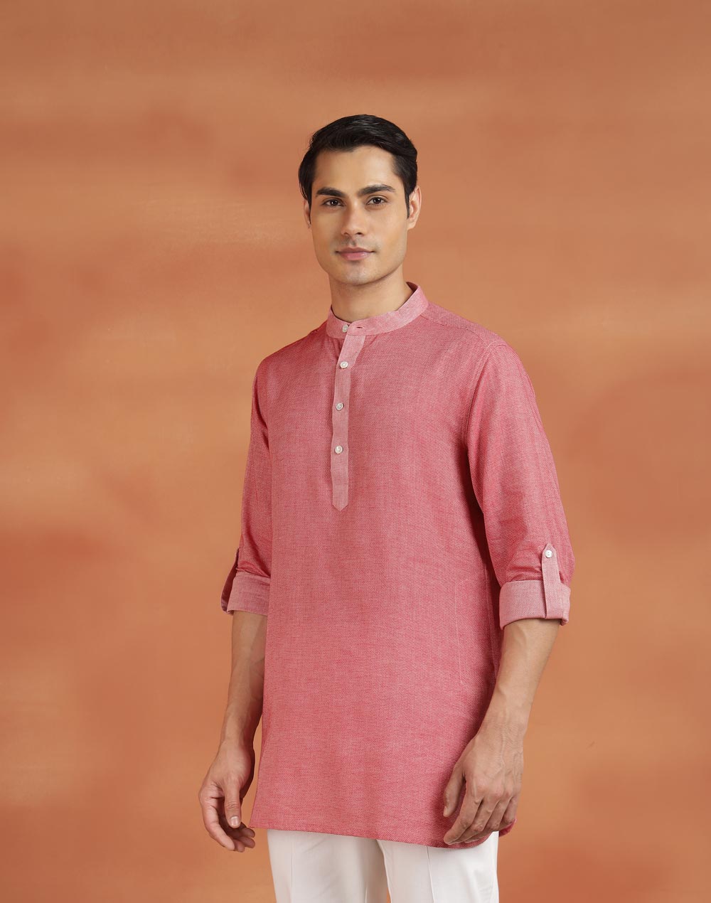 Red Cotton Dobby Slim Fit Short Kurta