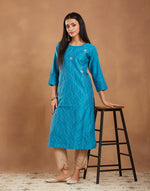 Teal Cotton Silk Embroidered Long Kurta for Women from Fabindia UK